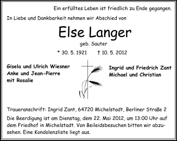 Traueranzeige von Else Langer von Odenwälder Echo