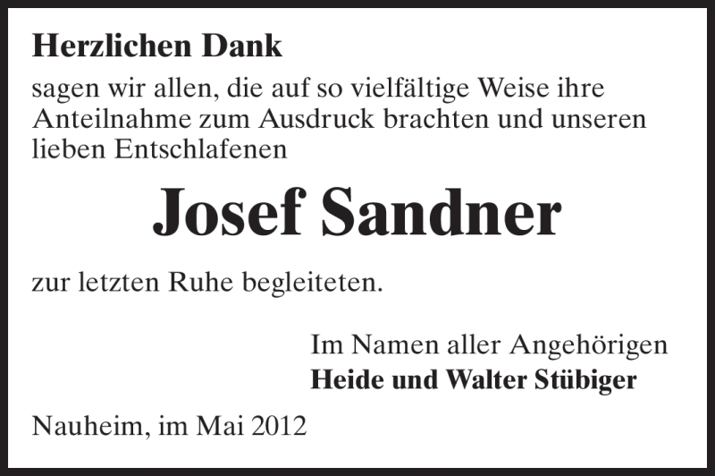  Traueranzeige für Josef Sandner vom 19.05.2012 aus Rüsselsheimer Echo, Groß-Gerauer-Echo, Ried Echo