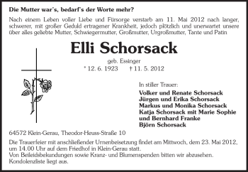 Traueranzeige von Elli Schorsack von Echo-Zeitungen (Gesamtausgabe)