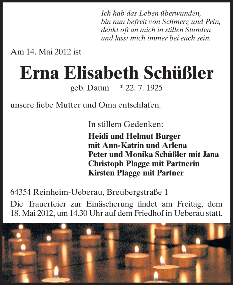  Traueranzeige für Erna Elisabeth Schüßler vom 16.05.2012 aus Echo-Zeitungen (Gesamtausgabe)