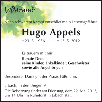 Traueranzeige von Hugo Appels von Odenwälder Echo