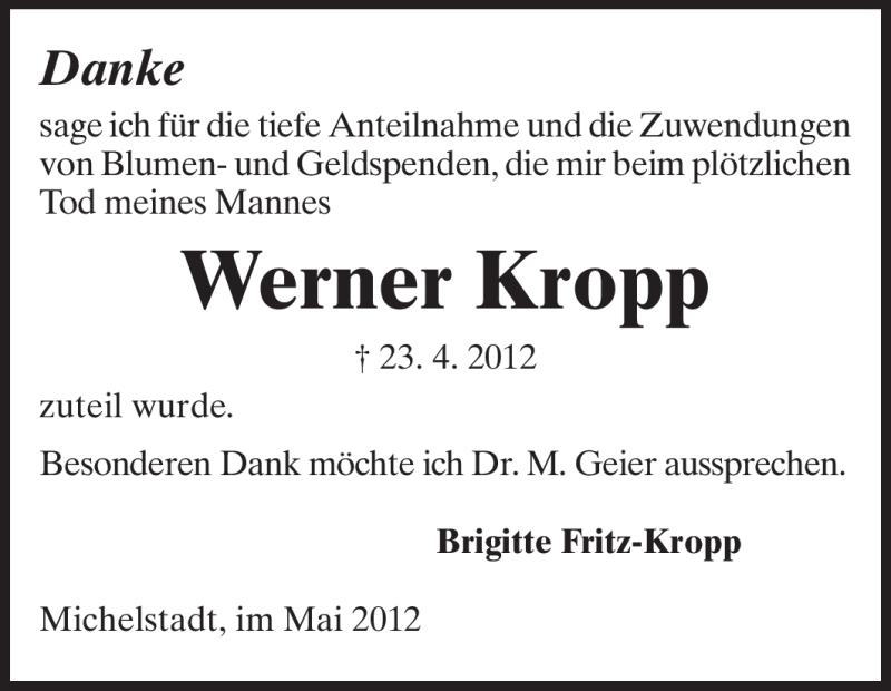  Traueranzeige für Werner Kropp vom 26.05.2012 aus Odenwälder Echo
