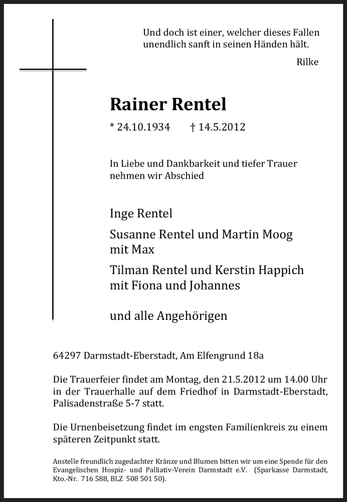  Traueranzeige für Rainer Rentel vom 16.05.2012 aus Echo-Zeitungen (Gesamtausgabe)