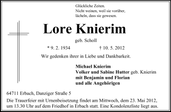Traueranzeige von Lore Knierim von Odenwälder Echo