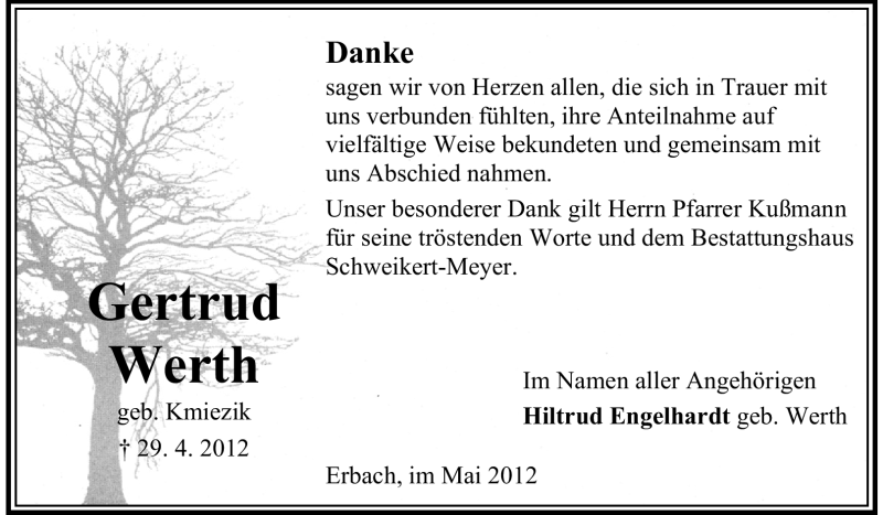  Traueranzeige für Gertrud Werth vom 18.05.2012 aus Odenwälder Echo