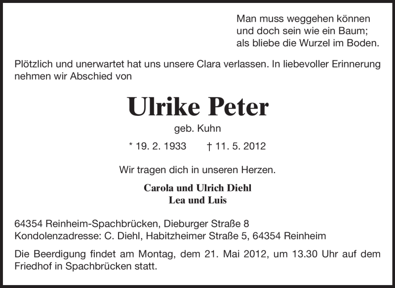  Traueranzeige für Ulrike Peter vom 18.05.2012 aus Echo-Zeitungen (Gesamtausgabe)