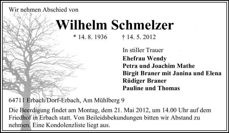  Traueranzeige für Wilhelm Schmelzer vom 18.05.2012 aus Odenwälder Echo
