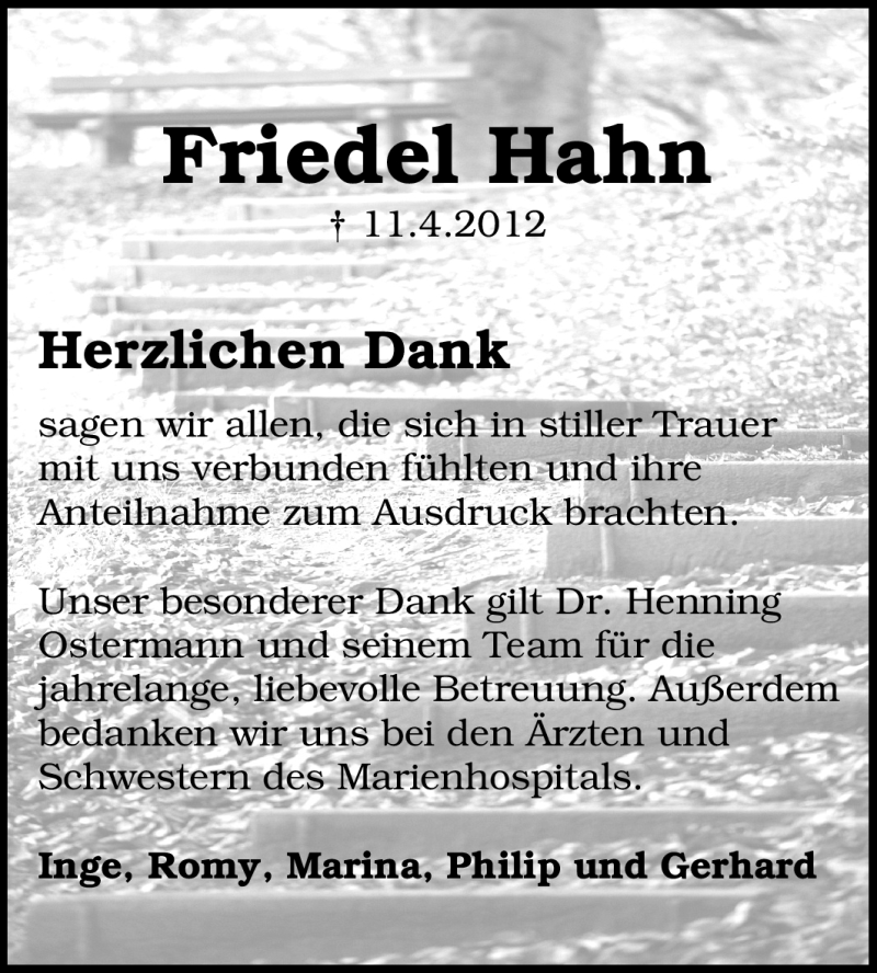 Traueranzeige für Friedel Hahn vom 19.05.2012 aus Echo-Zeitungen (Gesamtausgabe)