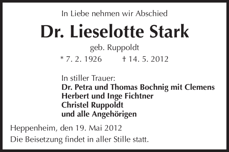  Traueranzeige für Lieselotte Stark vom 19.05.2012 aus Starkenburger Echo