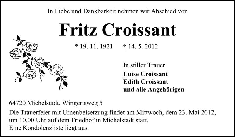  Traueranzeige für Fritz Croissant vom 19.05.2012 aus Odenwälder Echo