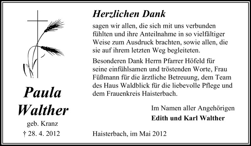  Traueranzeige für Paula Walther vom 19.05.2012 aus Odenwälder Echo