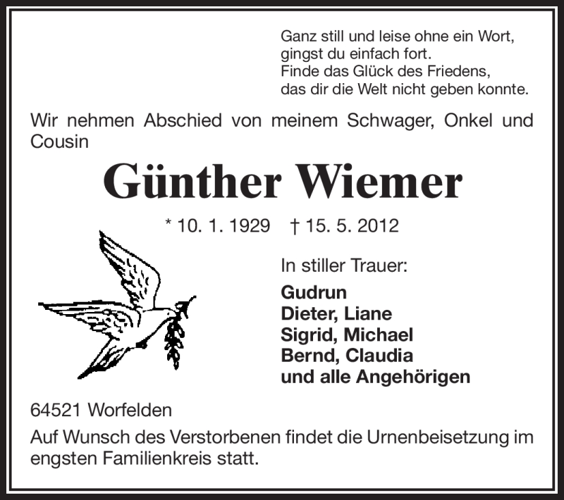  Traueranzeige für Günther Wiemer vom 18.05.2012 aus Rüsselsheimer Echo, Groß-Gerauer-Echo, Ried Echo