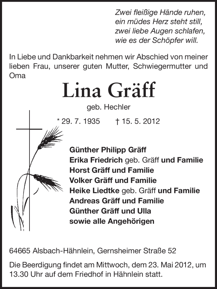  Traueranzeige für Lina Gräf vom 19.05.2012 aus Echo-Zeitungen (Gesamtausgabe)