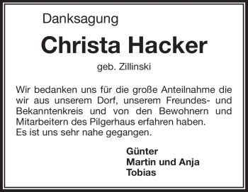 Traueranzeige von Christa Hacker von Starkenburger Echo