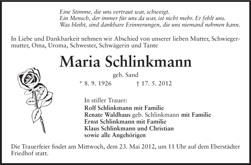  Traueranzeige für Maria Schlinkmann vom 19.05.2012 aus Echo-Zeitungen (Gesamtausgabe)