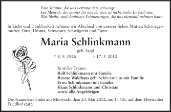Traueranzeige von Maria Schlinkmann von Echo-Zeitungen (Gesamtausgabe)