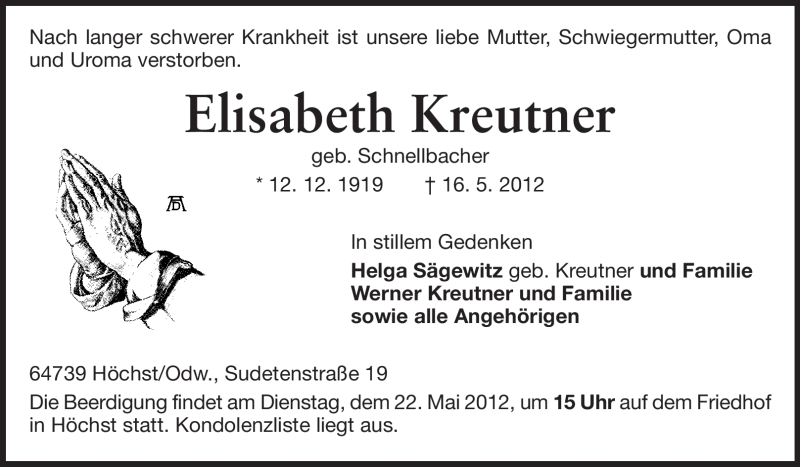  Traueranzeige für Elisabeth Kreutner vom 19.05.2012 aus Odenwälder Echo