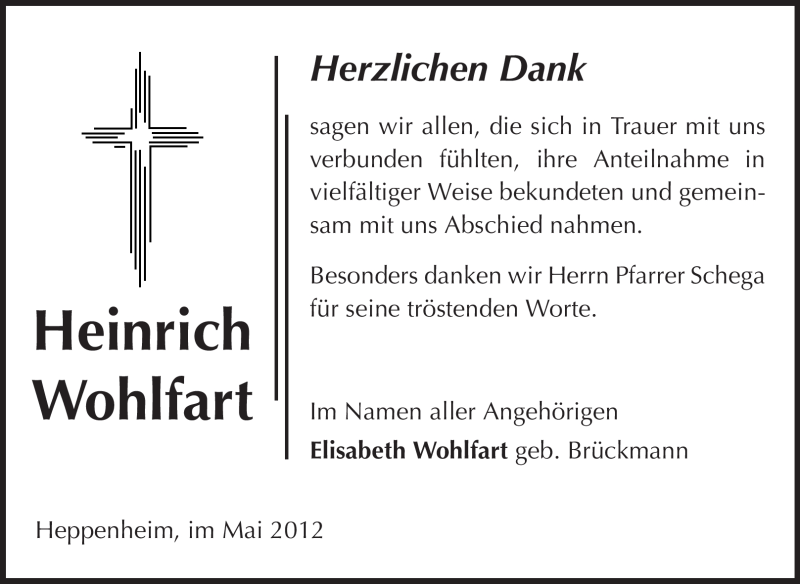  Traueranzeige für Heinrich Wohlfart vom 24.05.2012 aus Starkenburger Echo, Bergsträßer Anzeiger