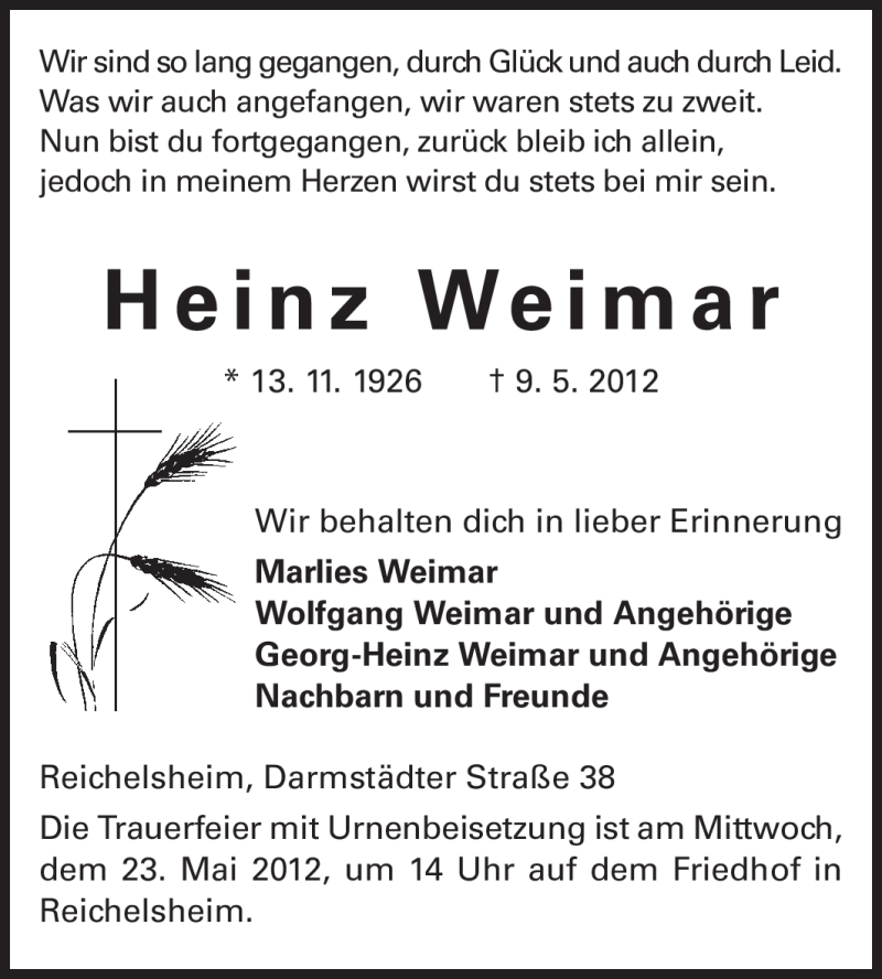  Traueranzeige für Heinz Weimar vom 22.05.2012 aus Echo-Zeitungen (Gesamtausgabe)