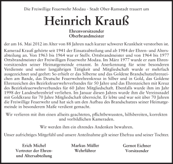 Traueranzeige von Heinrich Krauß von Echo-Zeitungen (Gesamtausgabe)