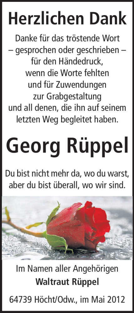  Traueranzeige für Georg Rüppel vom 26.05.2012 aus Echo-Zeitungen (Gesamtausgabe)