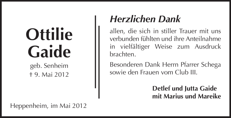  Traueranzeige für Ottilie Gaide vom 26.05.2012 aus Starkenburger Echo