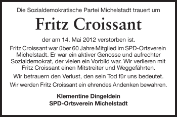 Traueranzeige von Fritz Croissant von Odenwälder Echo