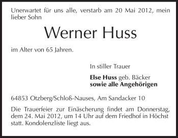 Traueranzeige von Werner Huss von Echo-Zeitungen (Gesamtausgabe)