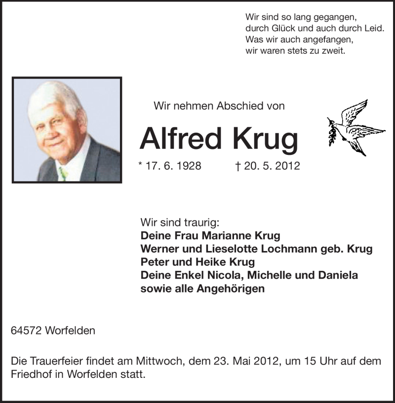  Traueranzeige für Alfred Krug vom 22.05.2012 aus Darmstädter Echo, Odenwälder Echo, Rüsselsheimer Echo, Groß-Gerauer-Echo, Ried Echo