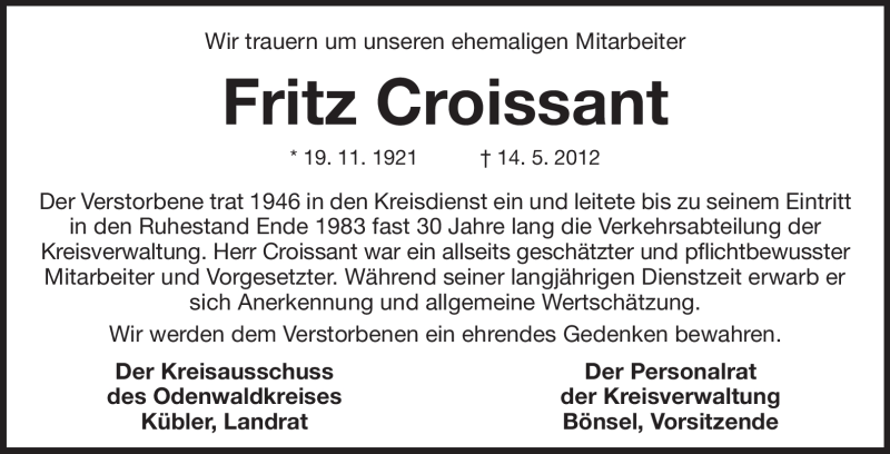  Traueranzeige für Fritz Croissant vom 22.05.2012 aus Odenwälder Echo