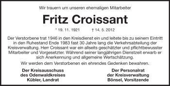 Traueranzeige von Fritz Croissant von Odenwälder Echo