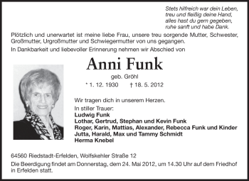 Traueranzeige von Anni Funk von Rüsselsheimer Echo, Groß-Gerauer-Echo, Ried Echo