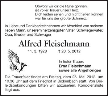 Traueranzeige von Alfred Fleischmann von Echo-Zeitungen (Gesamtausgabe)