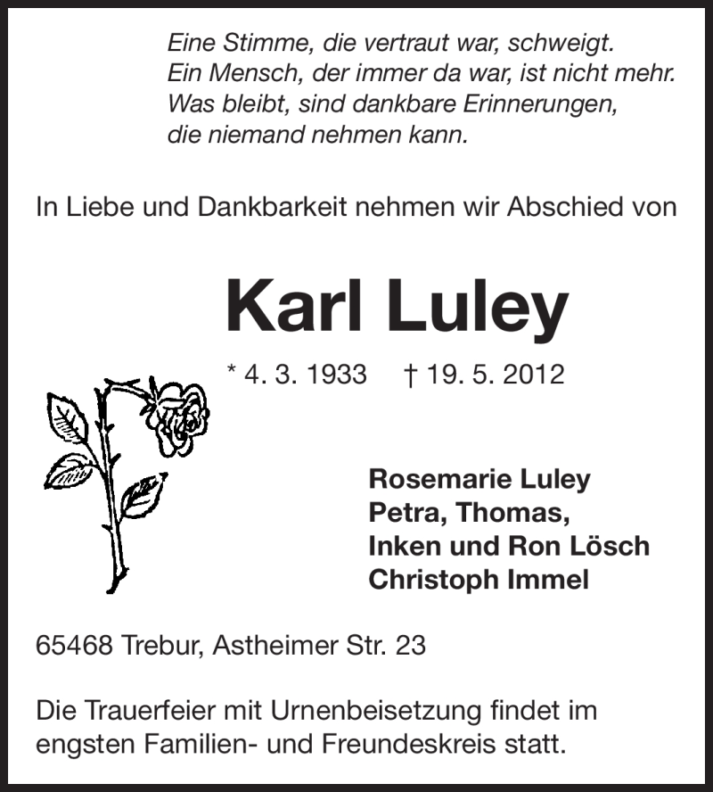  Traueranzeige für Karl Luley vom 24.05.2012 aus Rüsselsheimer Echo, Groß-Gerauer-Echo, Ried Echo