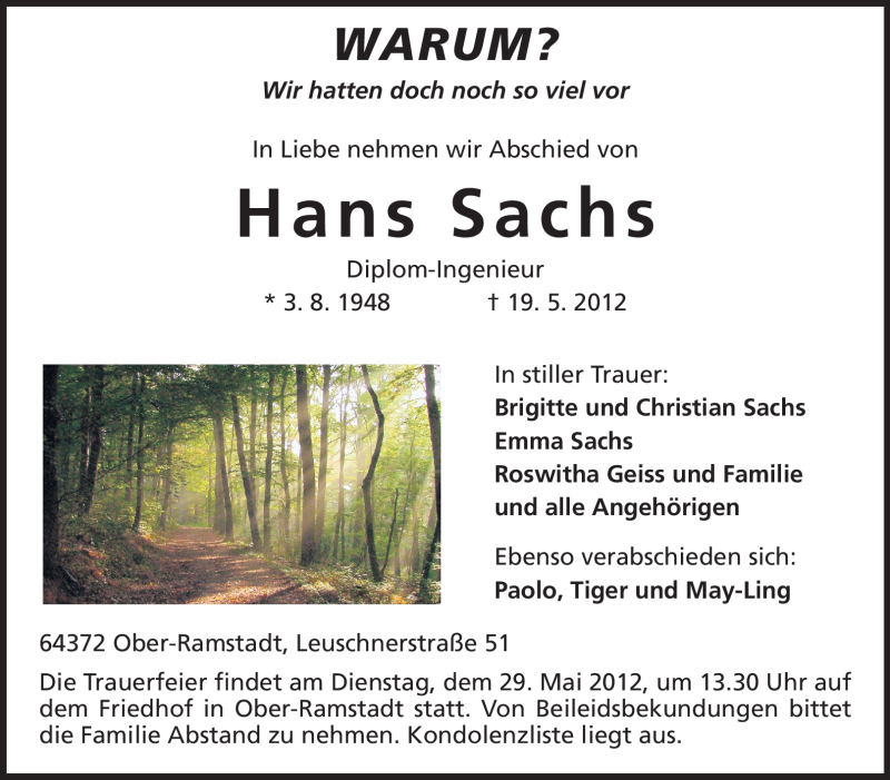  Traueranzeige für Hans Sachs vom 25.05.2012 aus Echo-Zeitungen (Gesamtausgabe)