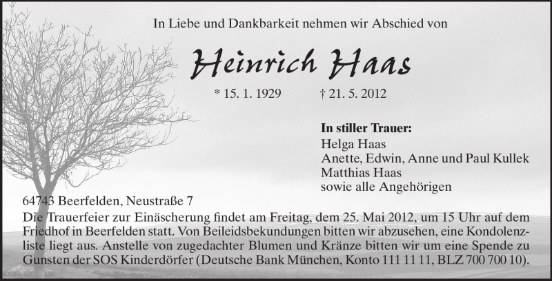  Traueranzeige für Heinrich Haas vom 23.05.2012 aus Odenwälder Echo