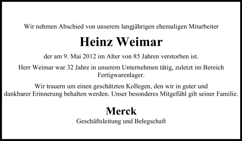  Traueranzeige für Heinz Weimar vom 23.05.2012 aus Echo-Zeitungen (Gesamtausgabe)