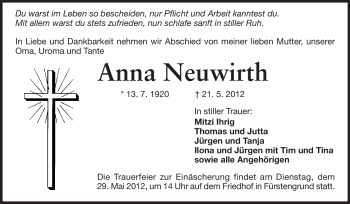 Traueranzeige von Anna Neuwirth von Odenwälder Echo