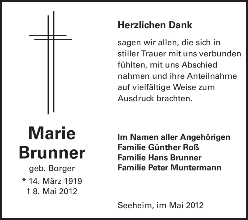  Traueranzeige für Marie Brunner vom 26.05.2012 aus Echo-Zeitungen (Gesamtausgabe)