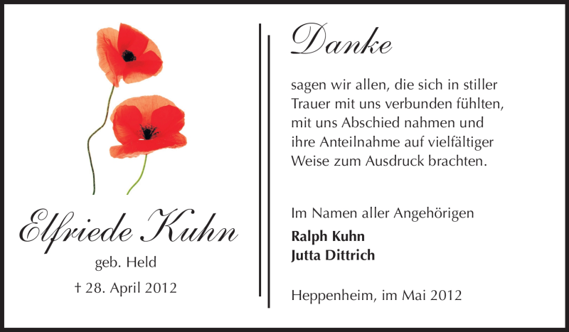  Traueranzeige für Elfriede Kuhn vom 25.05.2012 aus Starkenburger Echo