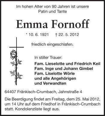 Traueranzeige von Emma Fornoff von Echo-Zeitungen (Gesamtausgabe)