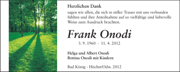 Traueranzeige von Frank Onodi von Odenwälder Echo