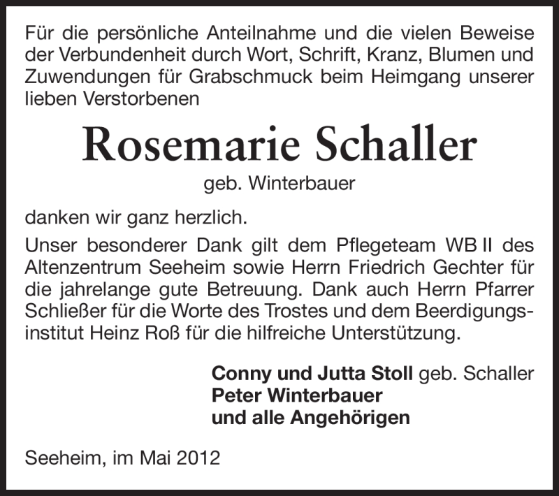  Traueranzeige für Rosemarie Schaller vom 26.05.2012 aus Echo-Zeitungen (Gesamtausgabe)
