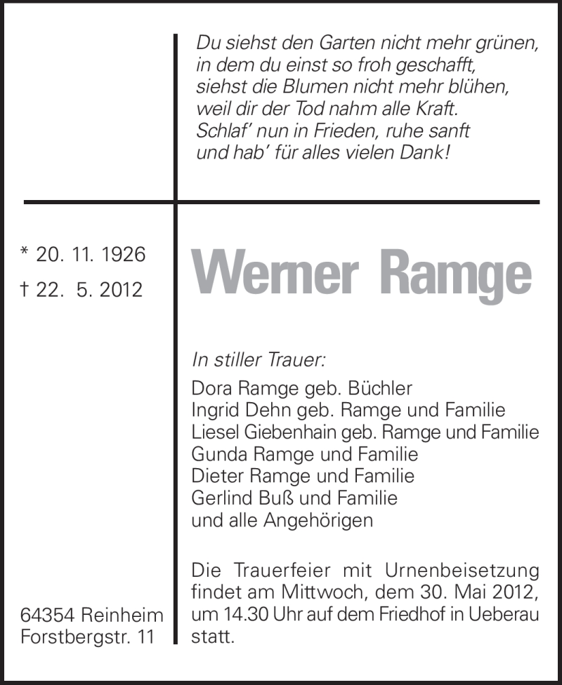  Traueranzeige für Werner Ramge vom 26.05.2012 aus Darmstädter Echo, Odenwälder Echo, Rüsselsheimer Echo, Groß-Gerauer-Echo, Ried Echo