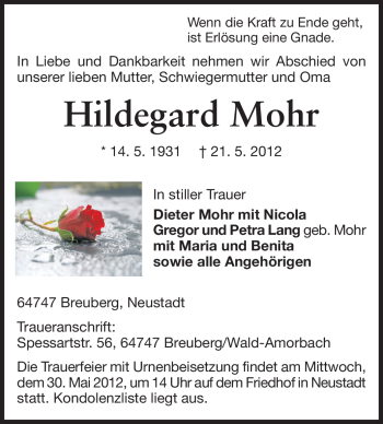 Traueranzeige von Hildegard Mohr von Odenwälder Echo