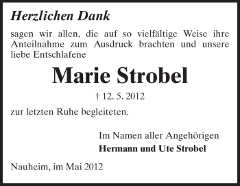 Traueranzeige von Marie Strobel von Rüsselsheimer Echo, Groß-Gerauer-Echo, Ried Echo