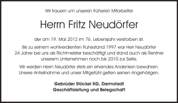 Traueranzeige von Fritz Neudörfer von Echo-Zeitungen (Gesamtausgabe)