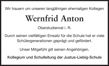 Traueranzeige von Wernfrid Anton von Echo-Zeitungen (Gesamtausgabe)
