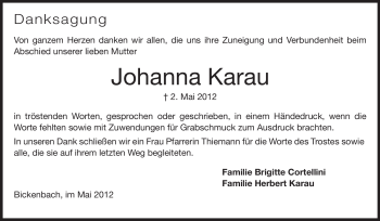 Traueranzeige von Johanna Karau von Echo-Zeitungen (Gesamtausgabe)