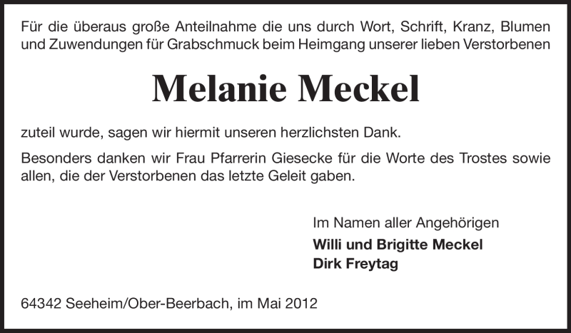  Traueranzeige für Melanie Meckel vom 26.05.2012 aus Echo-Zeitungen (Gesamtausgabe)